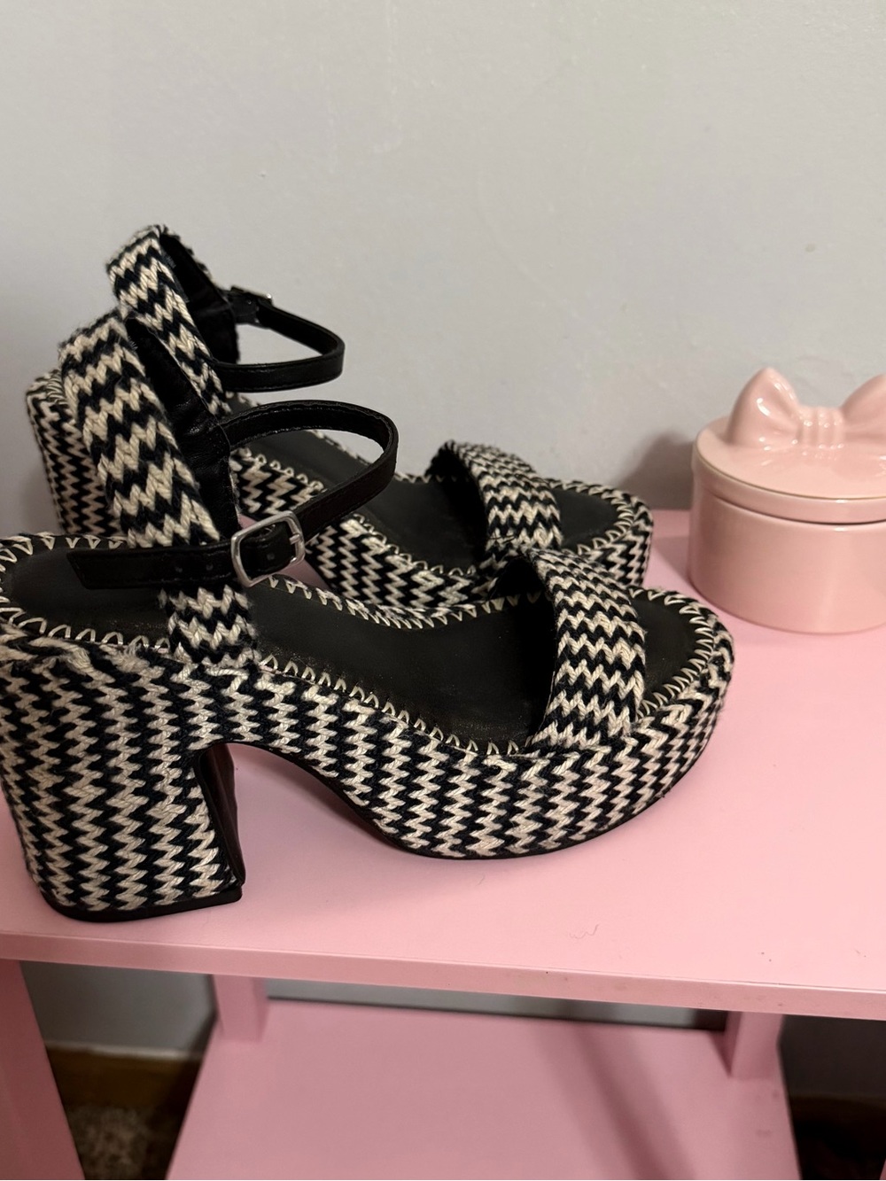 Woven Black and White Platform Sandals with Ankle Strap